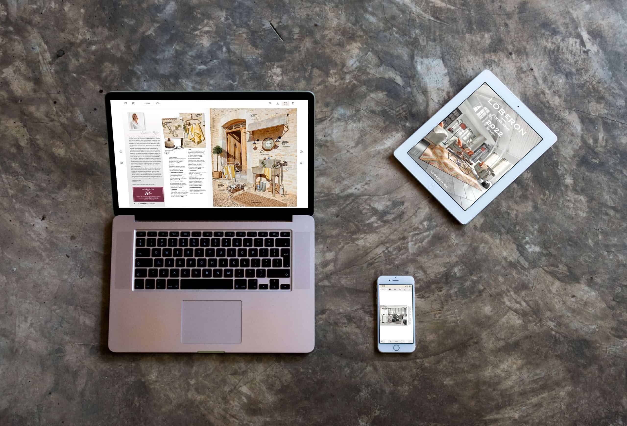 Laptop, Smartphone und Tablet mit Screenshots von ePaper-Katalog