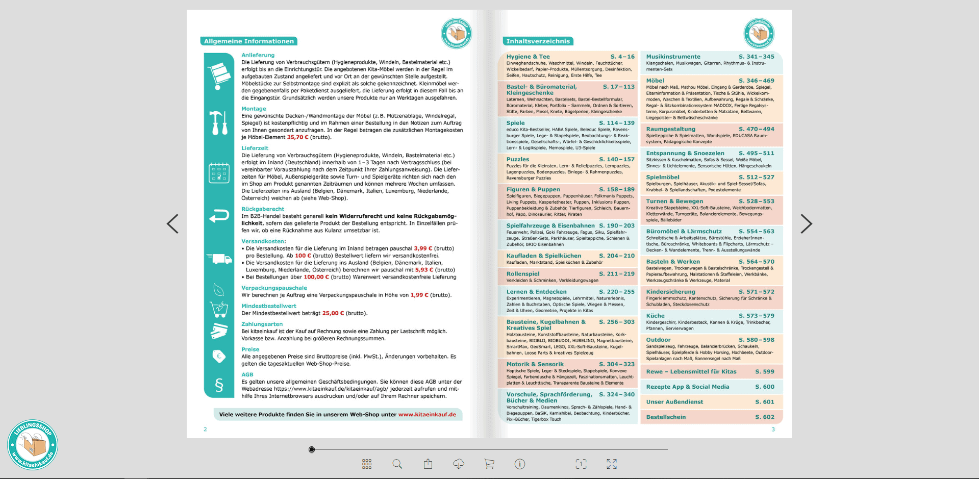 Screenshot vom Inhaltsverzeichnis des Kitaeinkauf-Online-Katalogs