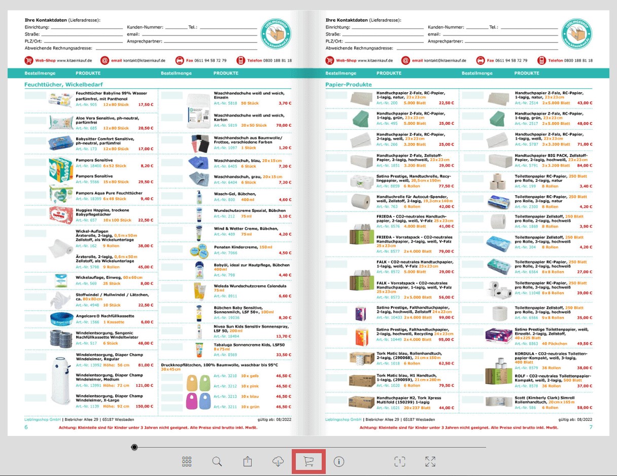 Screenshot vom Kitaeinkauf-Katalog